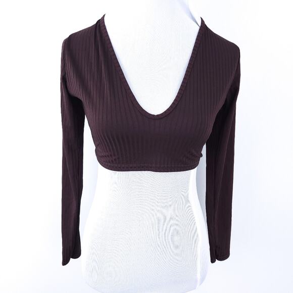 Pretty Little Things Crop Top Brown Ribbed Long Sleeve Size 8 Boho Festival - Picture 1 of 7